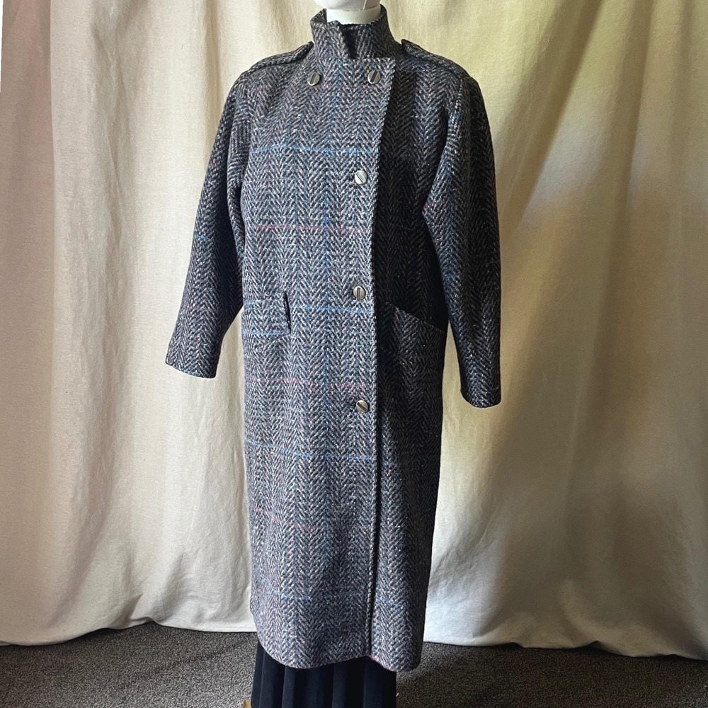 Vintage Pure New Wool Herringbone Tweed Coat Gray Flecked Long Coat Size 8